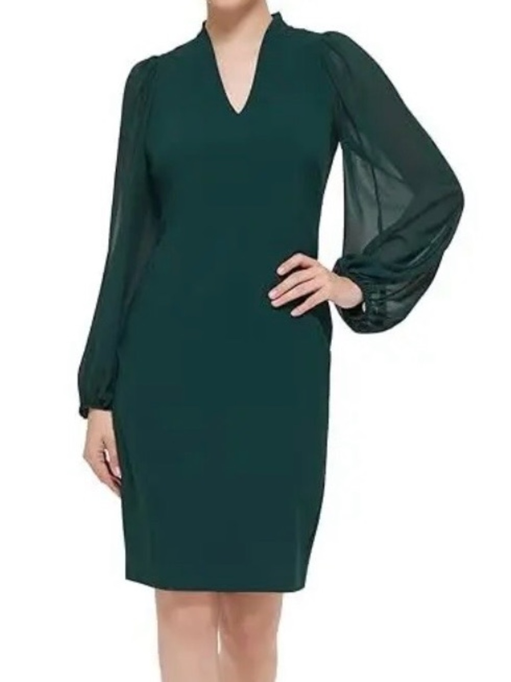 Elegant Green V-Neck Long Sleeve Dress